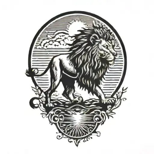 lion silhouette walking along horizon In the background with sun in sky tattoo design idea