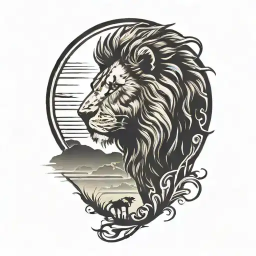 lion silhouette walking along horizon In the background with sun in sky tattoo design idea