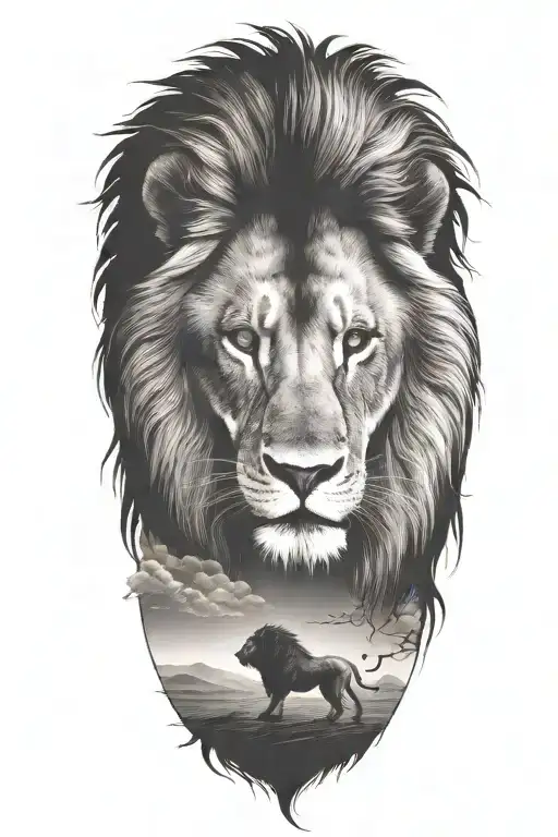 lion walking along horizon depicts the silhouette surrounded  by death will come for everyone, skeleton dancing together tattoo design idea