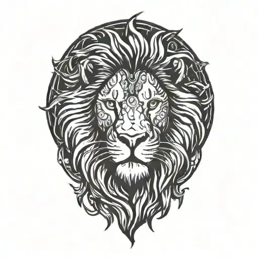lion silhouette walking along horizon In the background with sun in sky tattoo design idea