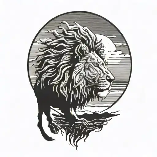 sun rise, sky, lion walking along horizon depicts the silhouette tattoo design idea