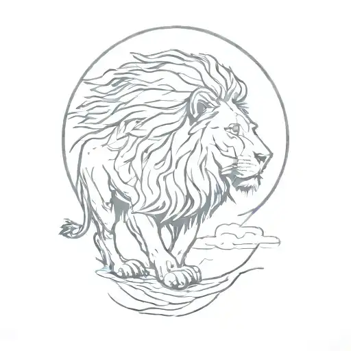 lion silhouette walking along horizon In the background with sun in sky tattoo design idea