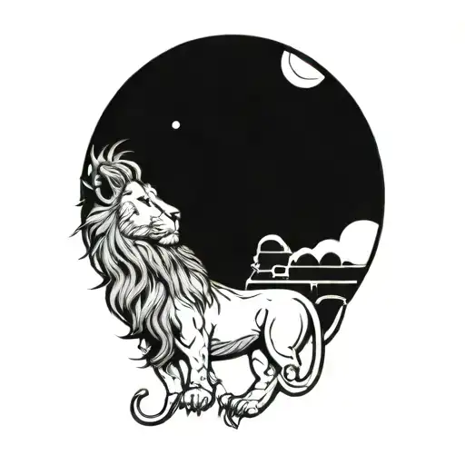 small lion looking up at sky with sun rising  tattoo design idea