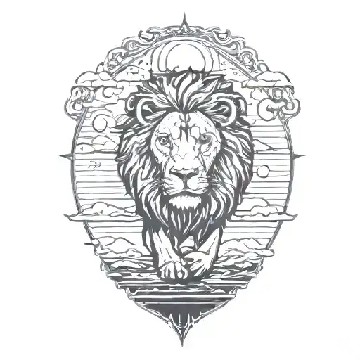 sun rise, sky, lion walking along horizon depicts the silhouette tattoo design idea