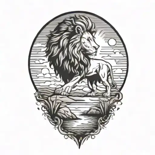 sun rise,  sky, lion walking along horizon tattoo design idea