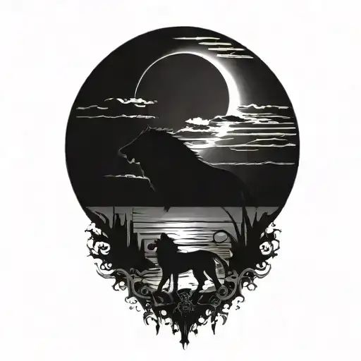 sun rise, sky, lion walking along horizon depicts the silhouette tattoo design idea