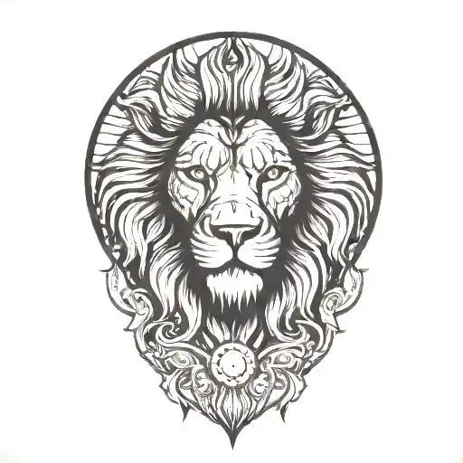 lion silhouette walking along horizon In the background with sun in sky tattoo design idea
