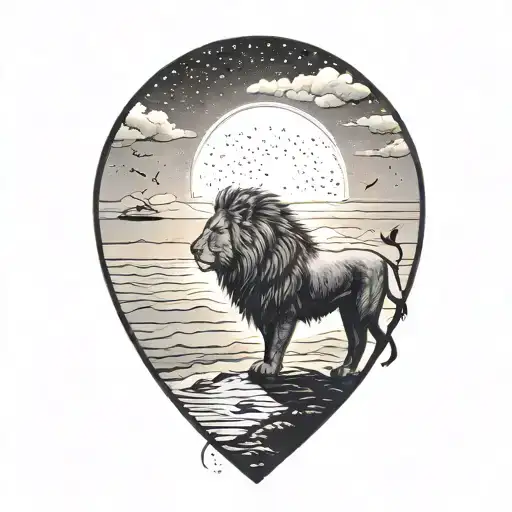 lion silhouette walking along horizon In the background with sun in sky tattoo design idea
