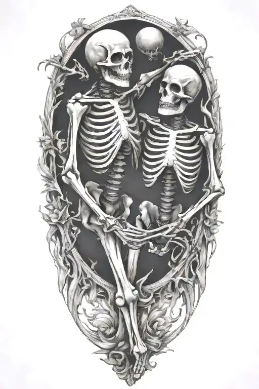 death will come for everyone, skeleton dancing together tattoo design idea