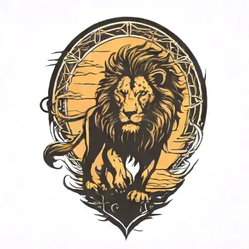 lion silhouette walking along horizon In the background with sun in sky tattoo design idea