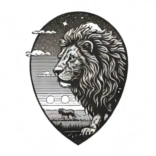 lion silhouette walking along horizon In the background with sun in sky tattoo design idea