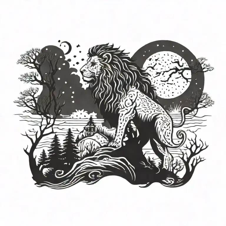 lion, island, night sky, stars, lost, trees tattoo design idea