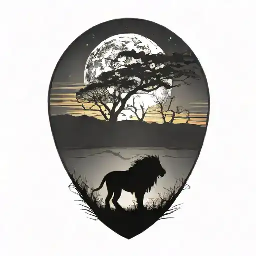 lion silhouette walking along horizon In the background with sun in sky tattoo design idea