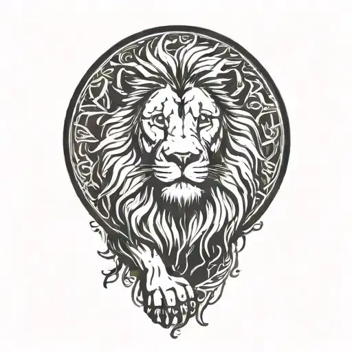 lion silhouette walking along horizon In the background with sun in sky tattoo design idea
