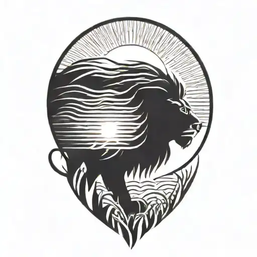 lion silhouette walking along horizon In the background with sun in sky tattoo design idea