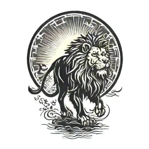 lion silhouette walking along horizon In the background with sun in sky tattoo design idea