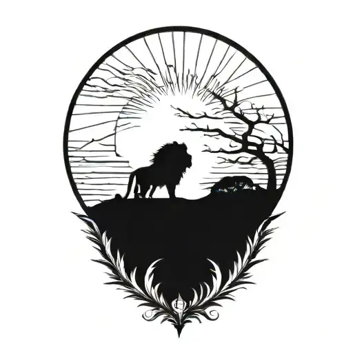 sun rise, sky, lion walking along horizon depicts the silhouette tattoo design idea