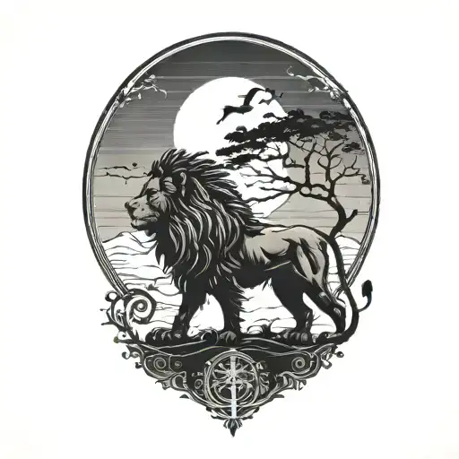 sun rise, sky, lion walking along horizon depicts the silhouette tattoo design idea