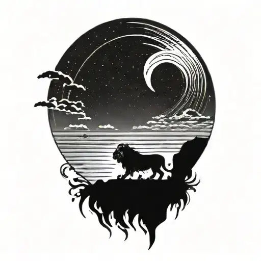 lion silhouette walking along horizon In the background with sun in sky tattoo design idea