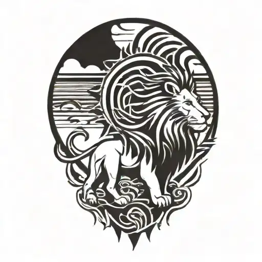 rising sun, sun rays,  lion body , dawn, sky, lion surrounded by sky  tattoo design idea
