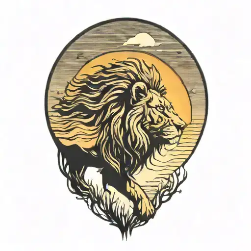 lion silhouette walking along horizon In the background with sun in sky tattoo design idea