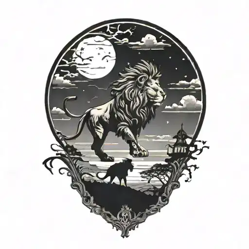 sun rise, sky, lion walking along horizon depicts the silhouette tattoo design idea