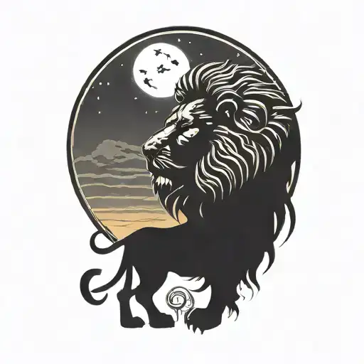 lion silhouette walking along horizon In the background with sun in sky tattoo design idea