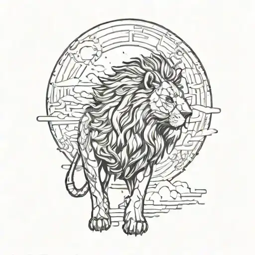 sun rise,  sky, lion walking along, tattoo design idea