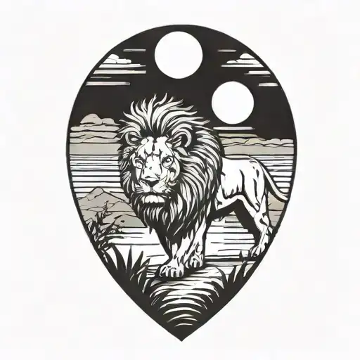 lion silhouette walking along horizon In the background with sun in sky tattoo design idea