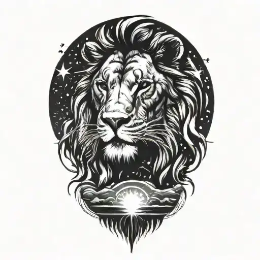 lion, dawn, island, water, night sky filled with stars tattoo design idea