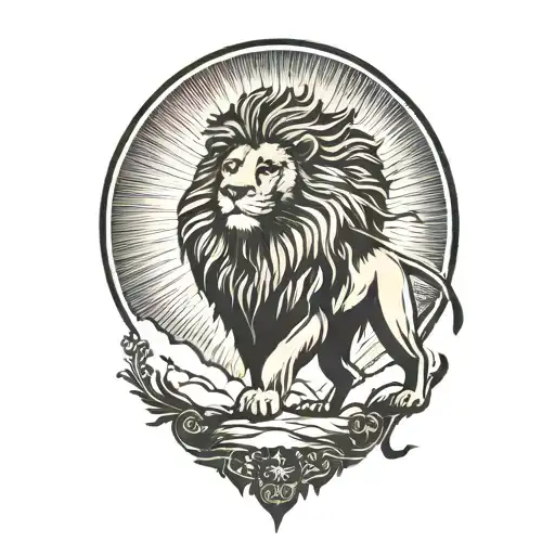lion silhouette walking along horizon In the background with sun in sky tattoo design idea