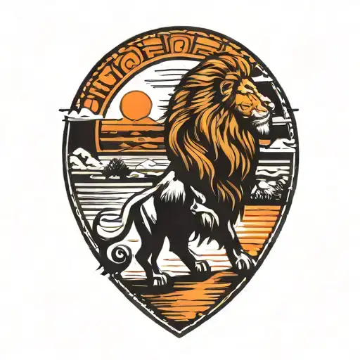 lion silhouette walking along horizon In the background with sun in sky tattoo design idea