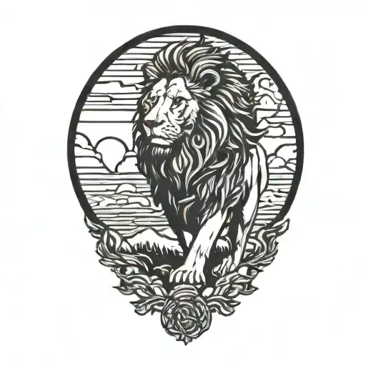 sun rise,  sky, lion walking sidewards tattoo design idea