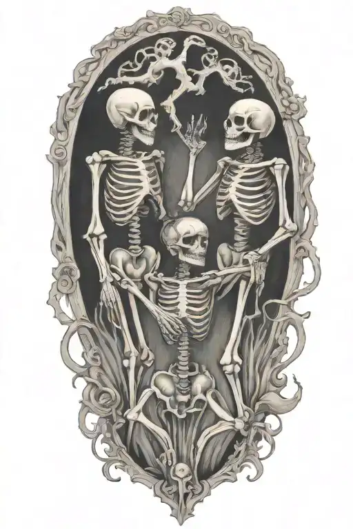 death will come for everyone, skeleton dancing together tattoo design idea
