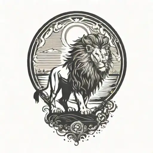lion silhouette walking along horizon In the background with sun in sky tattoo design idea