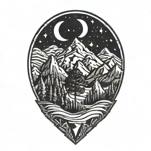 crescent, stars, mountain, tree, life tattoo design idea
