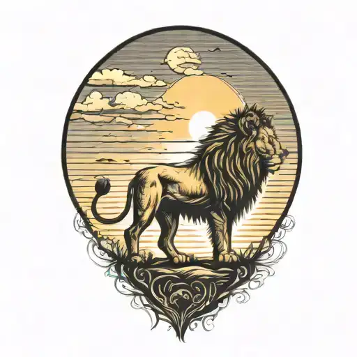 lion silhouette walking along horizon In the background with sun in sky tattoo design idea