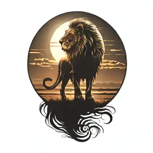 lion silhouette walking along horizon In the background with sun in sky tattoo design idea