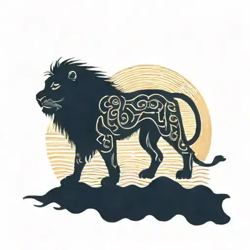 sun rise, sky, lion walking along horizon depicts the silhouette tattoo design idea