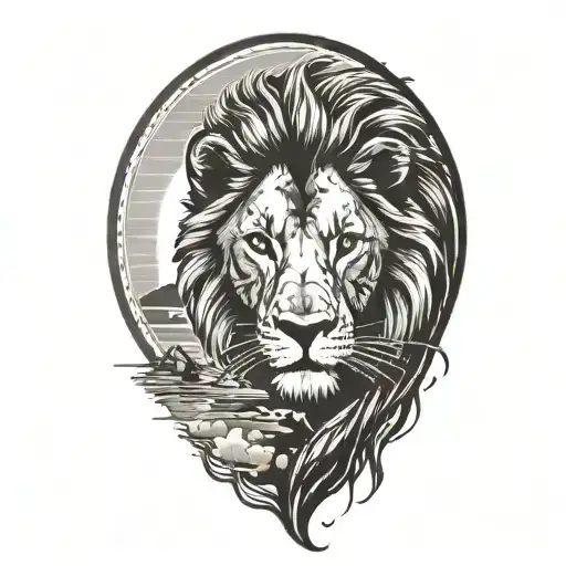 lion silhouette walking along horizon In the background with sun in sky tattoo design idea
