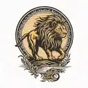 lion silhouette walking along horizon In the background with sun in sky tattoo design idea