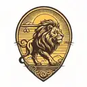 lion silhouette walking along horizon In the background with sun in sky tattoo design idea