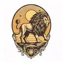 lion silhouette walking along horizon In the background with sun in sky tattoo design idea