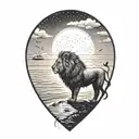 lion silhouette walking along horizon In the background with sun in sky tattoo design idea