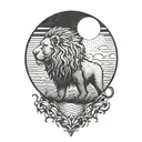 lion silhouette walking along horizon In the background with sun in sky tattoo design idea