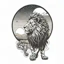 lion silhouette walking along horizon In the background with sun in sky tattoo design idea
