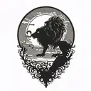 sun rise, sky, lion walking along horizon depicts the silhouette tattoo design idea