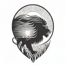 lion silhouette walking along horizon In the background with sun in sky tattoo design idea