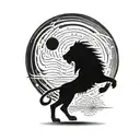 lion silhouette walking along horizon In the background with sun in sky tattoo design idea