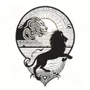 lion silhouette walking along horizon In the background with sun in sky tattoo design idea